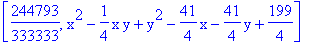 [244793/333333, x^2-1/4*x*y+y^2-41/4*x-41/4*y+199/4]